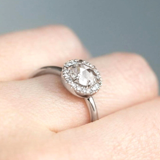 Salt and Pepper Rose Cut Diamond Halo Engagement Platinum Ring