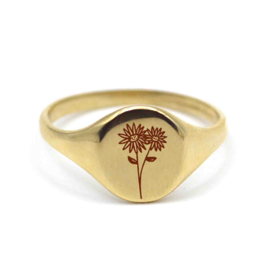 14k Daisy Flower Engraving Signet Gold Ring