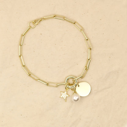 Pearl Star Circle Disk Charms Gold Vermeil Bracelet