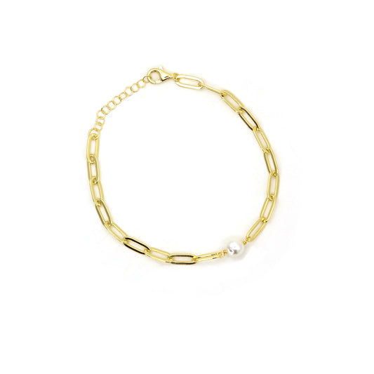 Pearl Paperclip Chain Gold Bracelet