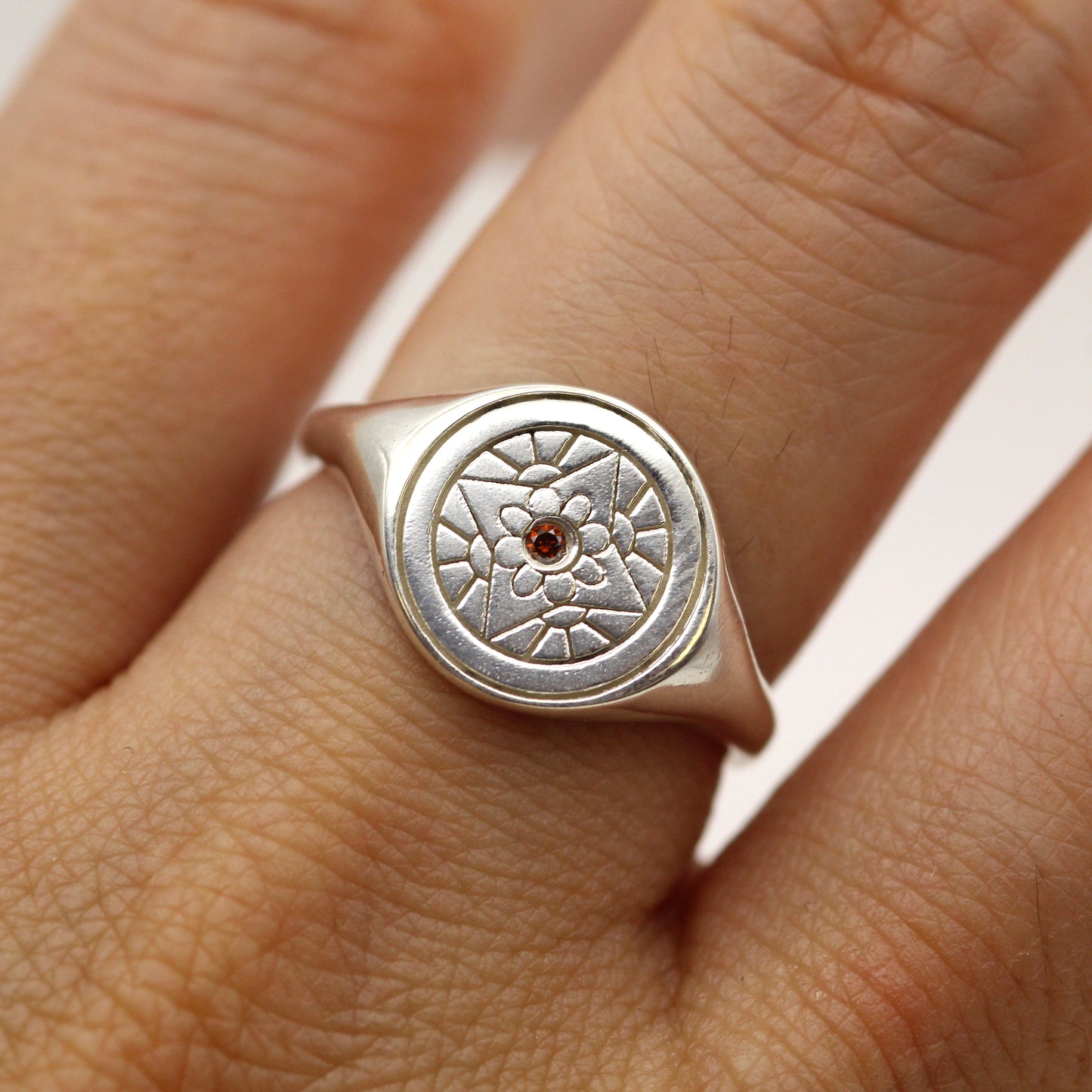 Natural Red Diamond Flower Signet Sterling Silver Ring