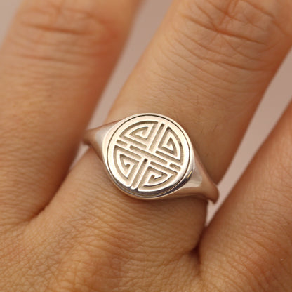 Sterling Silver Long Healthy Life Pattern Signet Ring