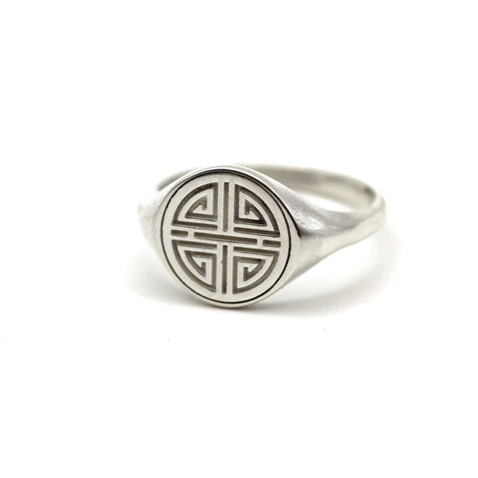 Silver Long Healthy Life Pattern Signet Ring - Customized Letter Engaraving