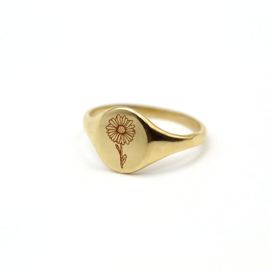 Rose Flower Yellow Solid Gold Ring / 14k Customized Engraving Signet ...