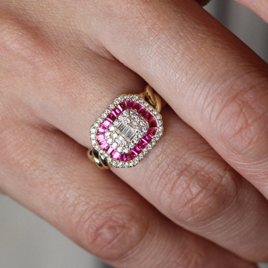 100% Ruby and Diamond with Square Gold Ring