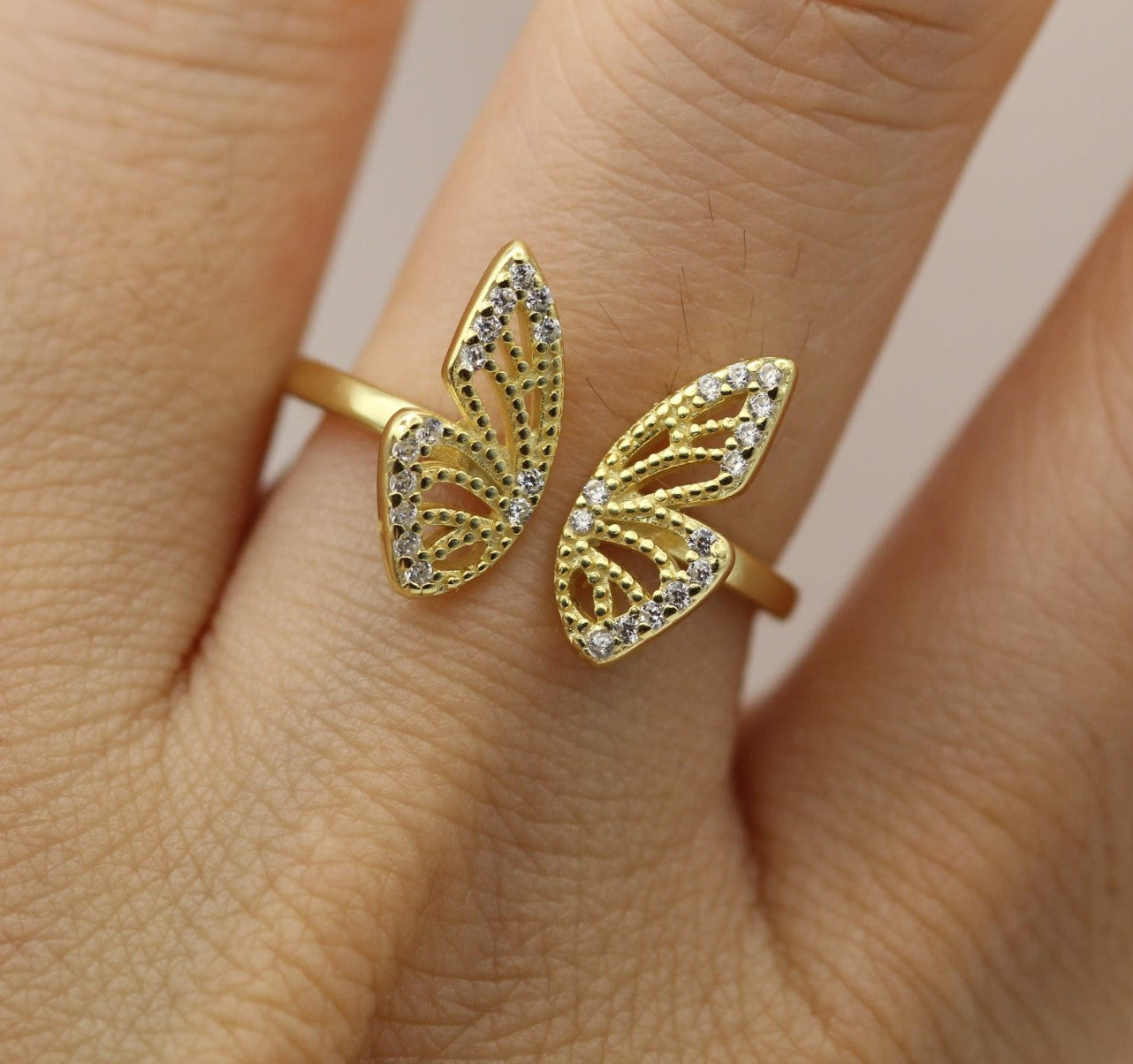 14k Butterfly Diamond Open Cuff Gold Ring