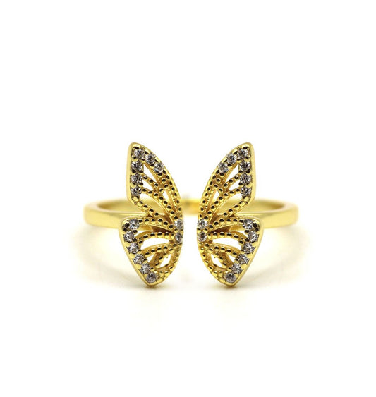 14k Butterfly Diamond Open Cuff Gold Ring
