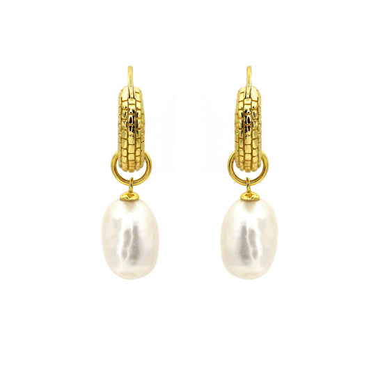 Natural Pearl Charm Gold Hoop Earrings
