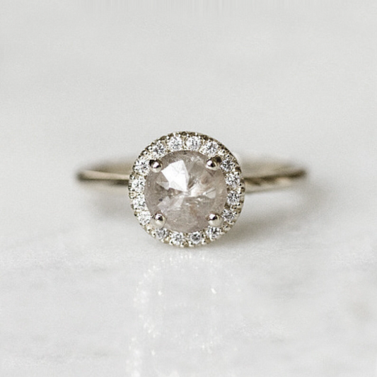 Salt and Pepper Rose Cut Diamond Halo Engagement Platinum Ring