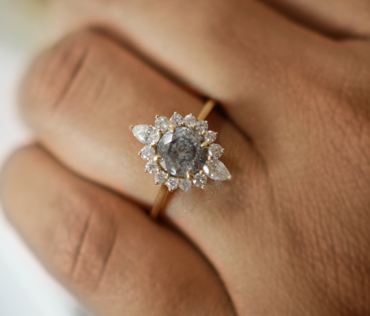 18k Beautiful Natural Salt and Pepper Diamond Engagement Ring