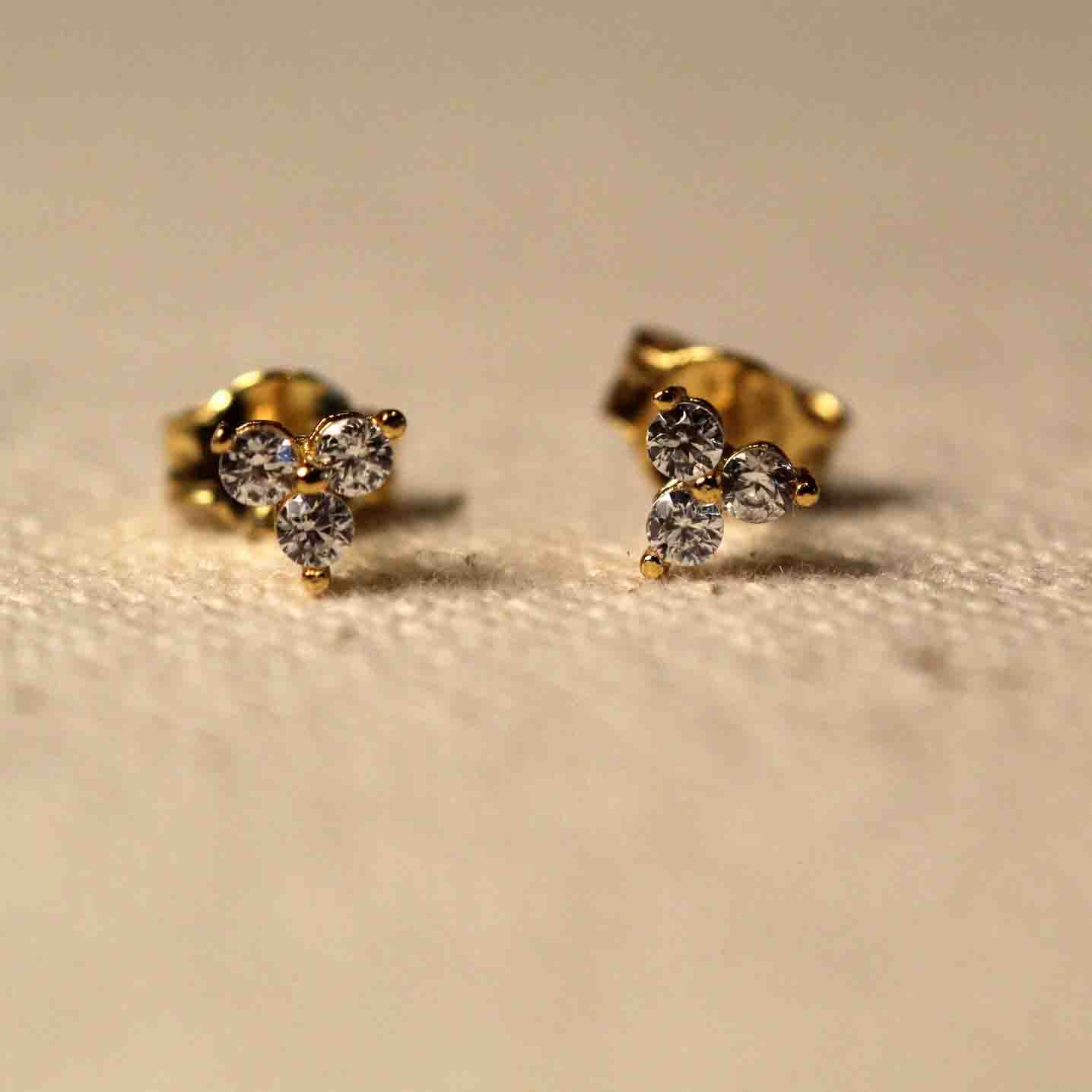 14K Gold Round Cut Diamond Trio Tiny Stud Earrings