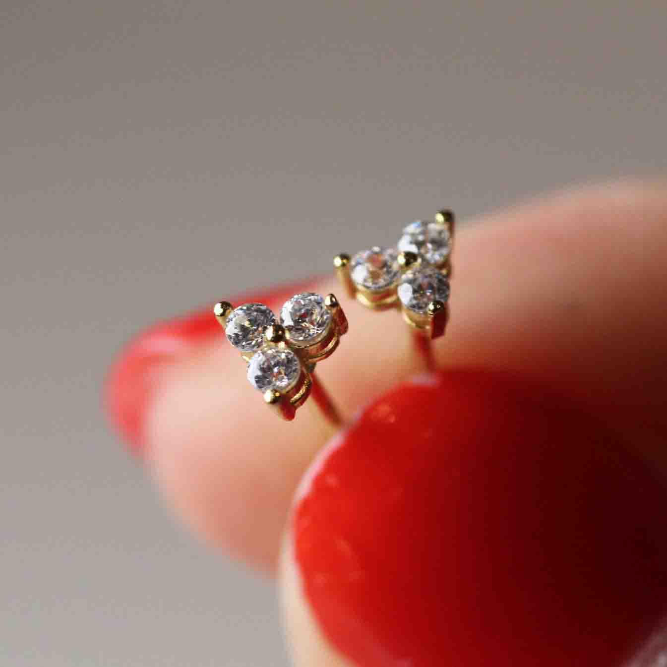 14K Gold Round Cut Diamond Trio Tiny Stud Earrings