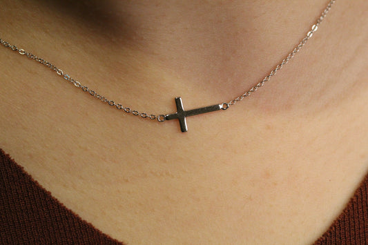 14k Solid Gold Sideways Cross Necklace.