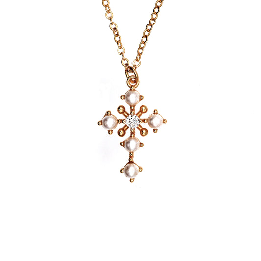14k Antique Cross Pearl and Diamond Necklace