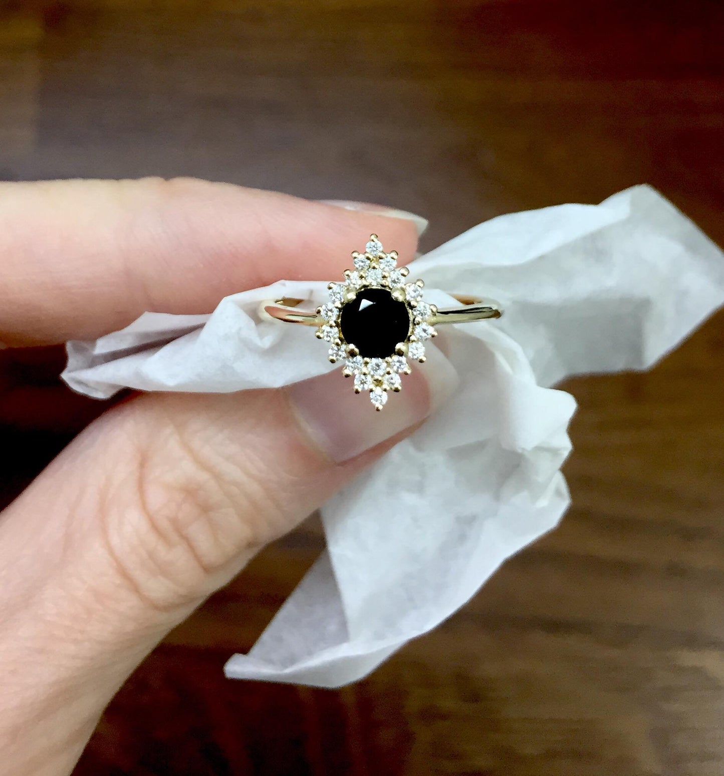 Unique Design Black Diamond Engagement Ring in 14k Gold