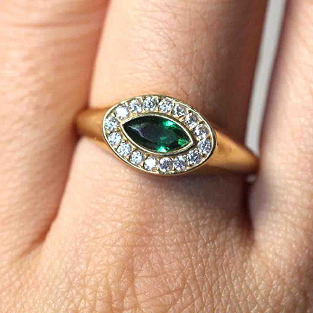 18k Natural Emerald with Diamond Evil Eye Bold Ring