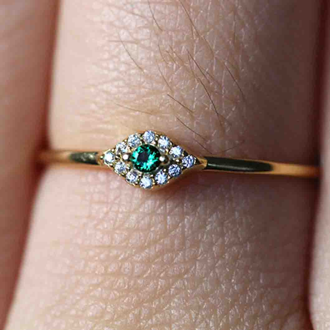 14k Emerald and Diamond Evil Eye Ring