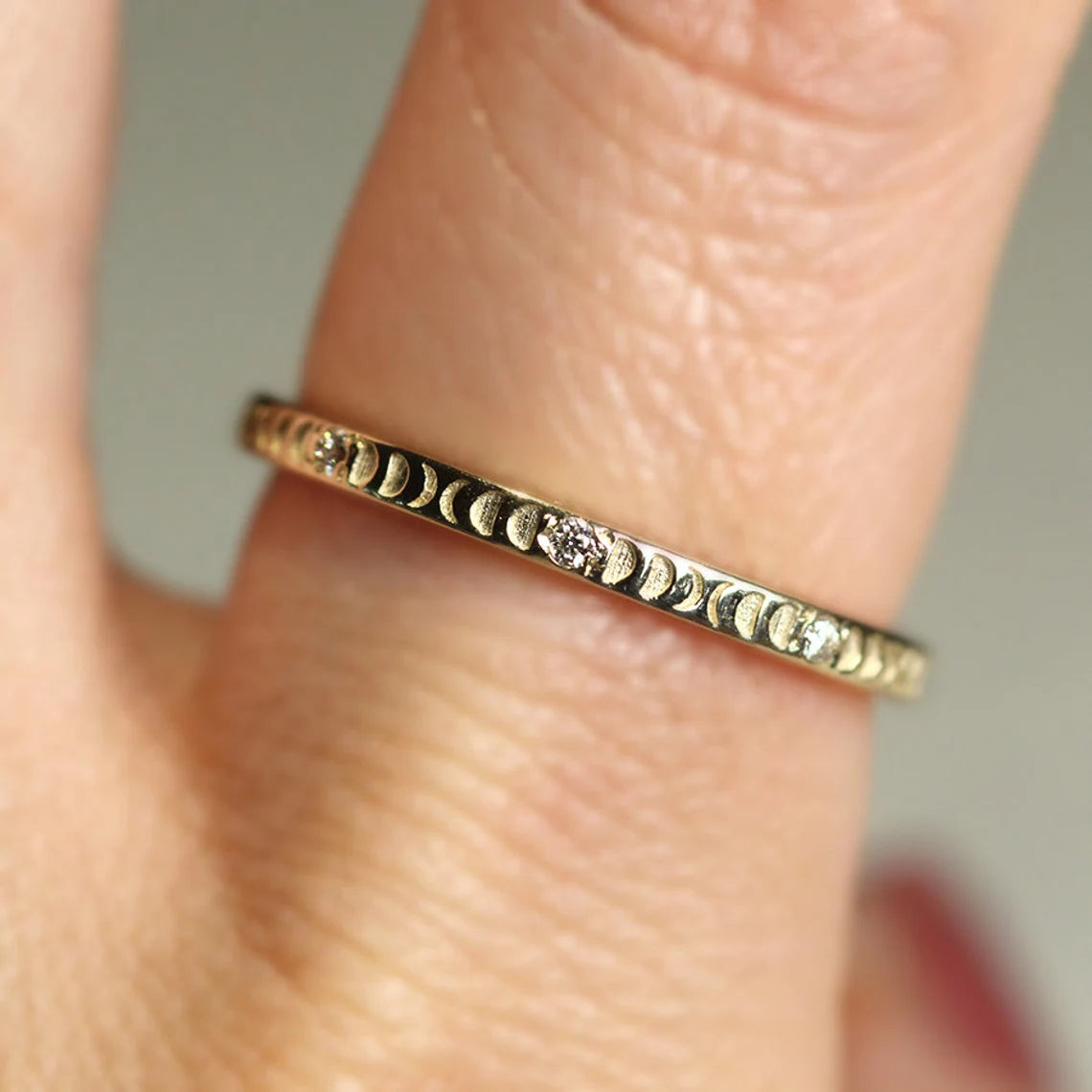 Moon Engraving with Natural Diamond Ring in 14k Gold