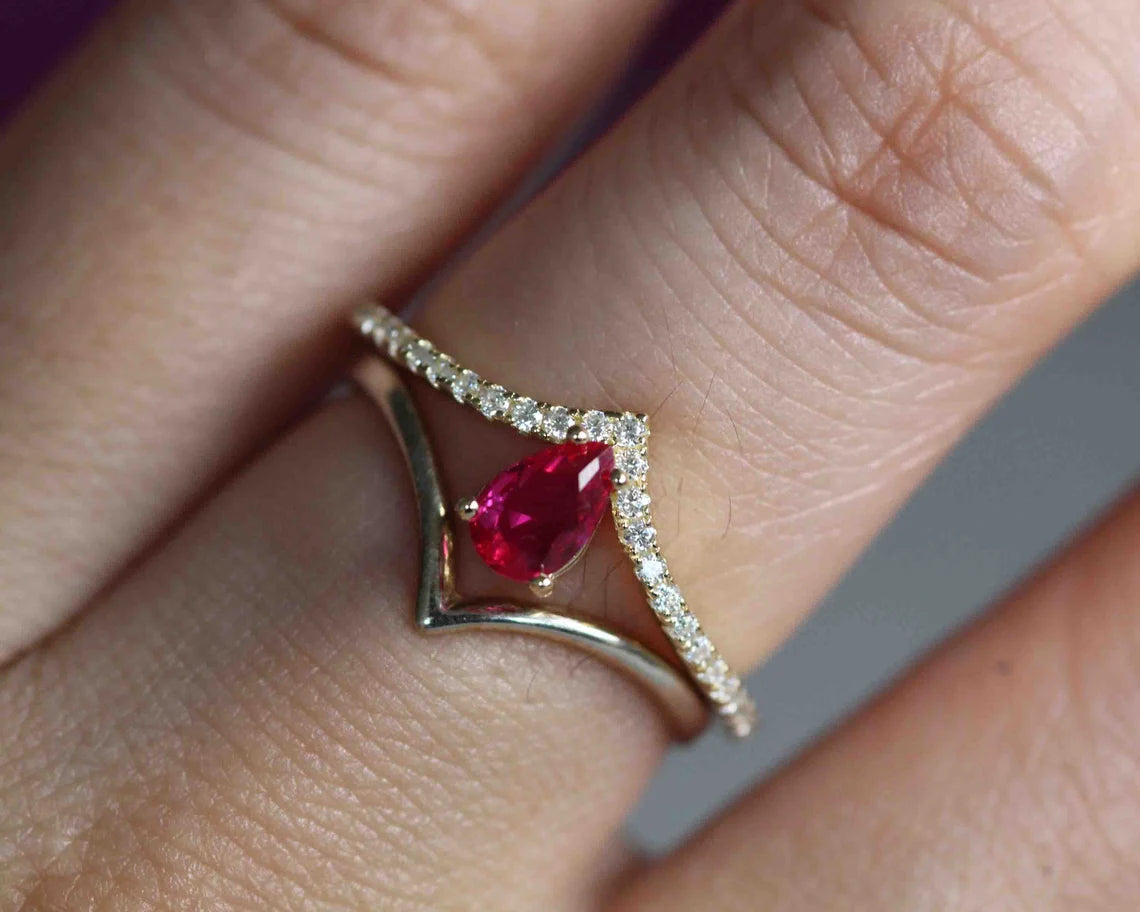 Natural Pear Shape Ruby with Diamond Engagement Ring