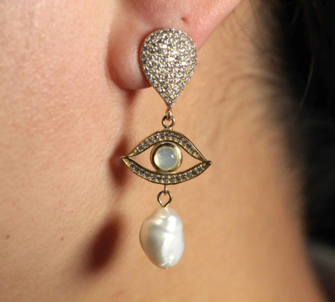 Pearl & Evil Eye Dangle Silver Earrings