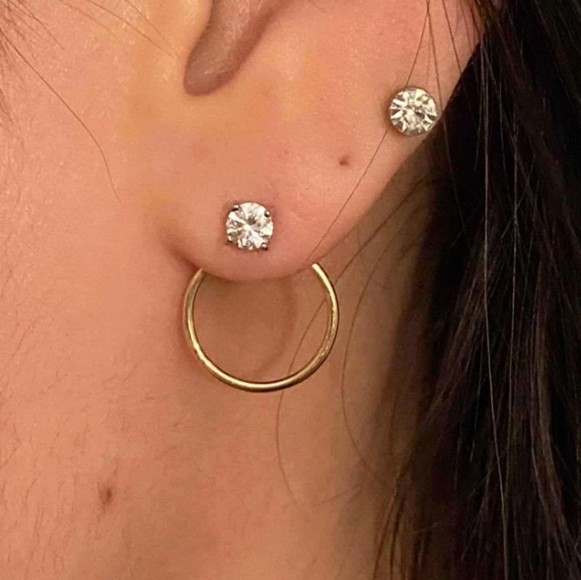 14k Solid Gold Ear Jacket - Circle Earrings / Natural Diamond Sets