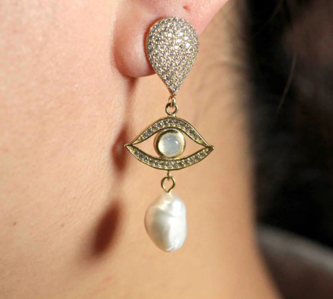 Pearl & Evil Eye Dangle Silver Earrings
